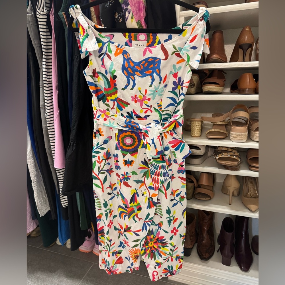 Milly Otomi Print Ellen Dress - White Off the Shoulder Midi Size 2